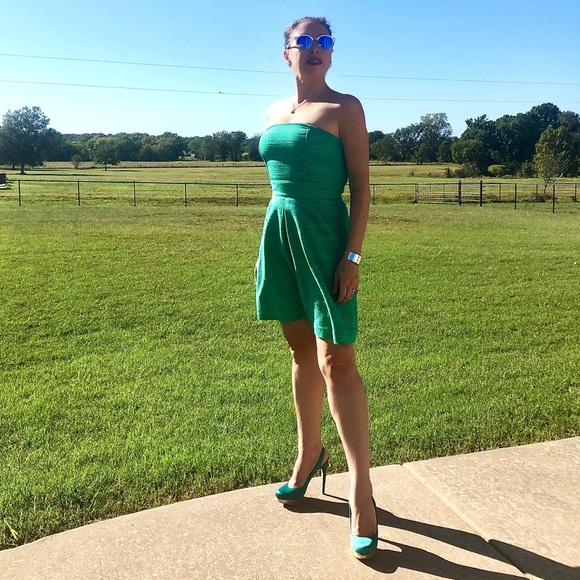 Emerald Green Tweed Strapless Dress - Picture 5 of 7